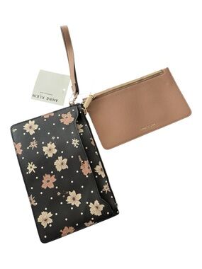 Anne Klein Black Floral Wristlet with Brown Zip Pouch set NWT